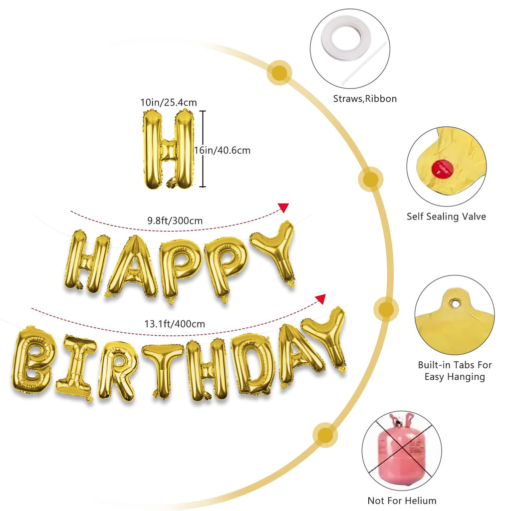 WESTGO Gold Happy Birthday Balloons Banner 16-Inch Mylar Foil Letters – Reusable Party Decor
