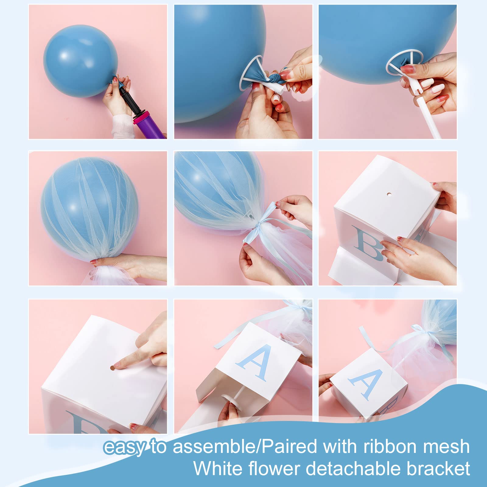 Wettarn 4-Piece Blue Boy Baby Shower Centerpieces – 24-Inch Tulle Balloons with Letter Boxes & Stands
