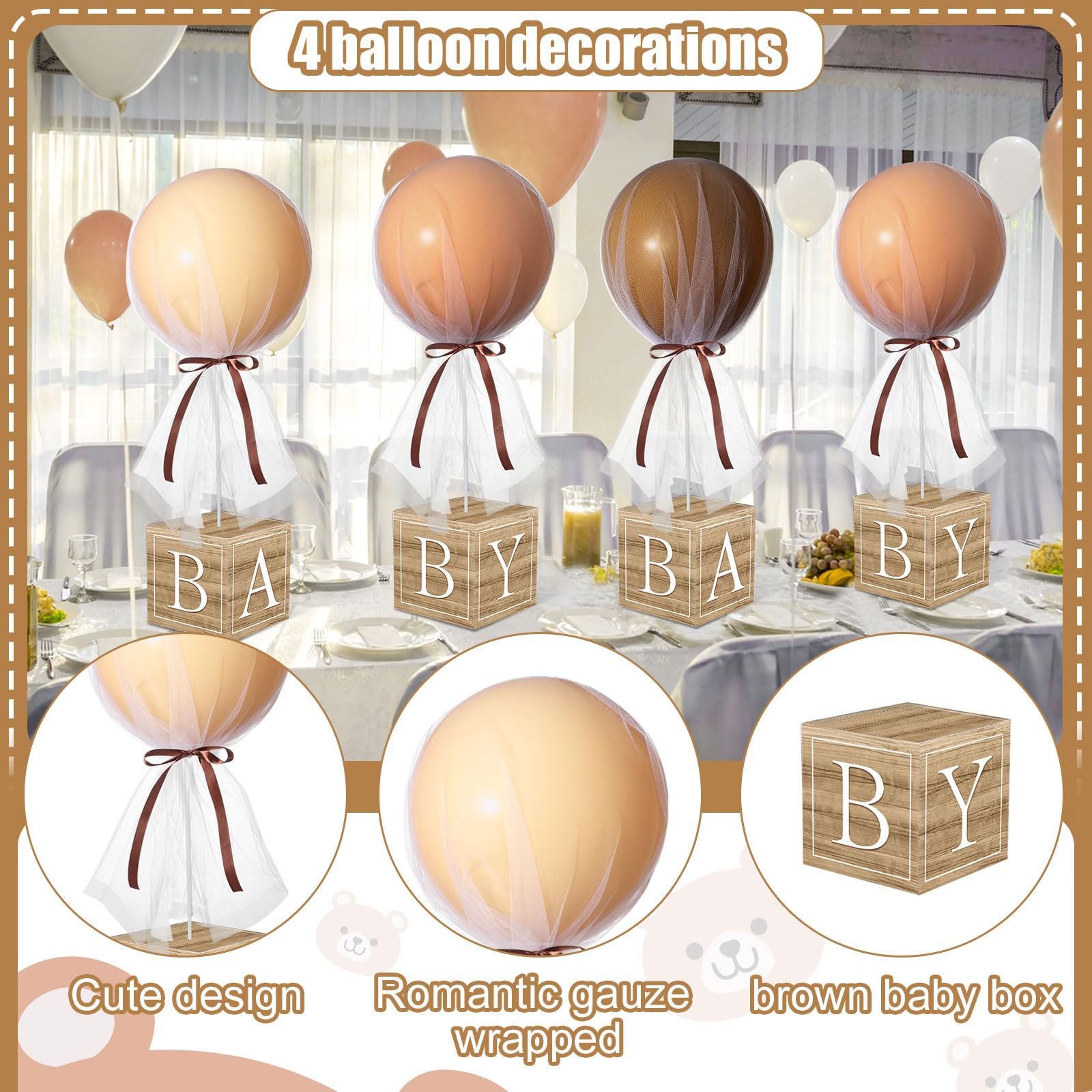 Wettarn 6-Set Brown Bear Tulle Centerpieces – 24" Balloons, White Tulle, Stands & Boxes