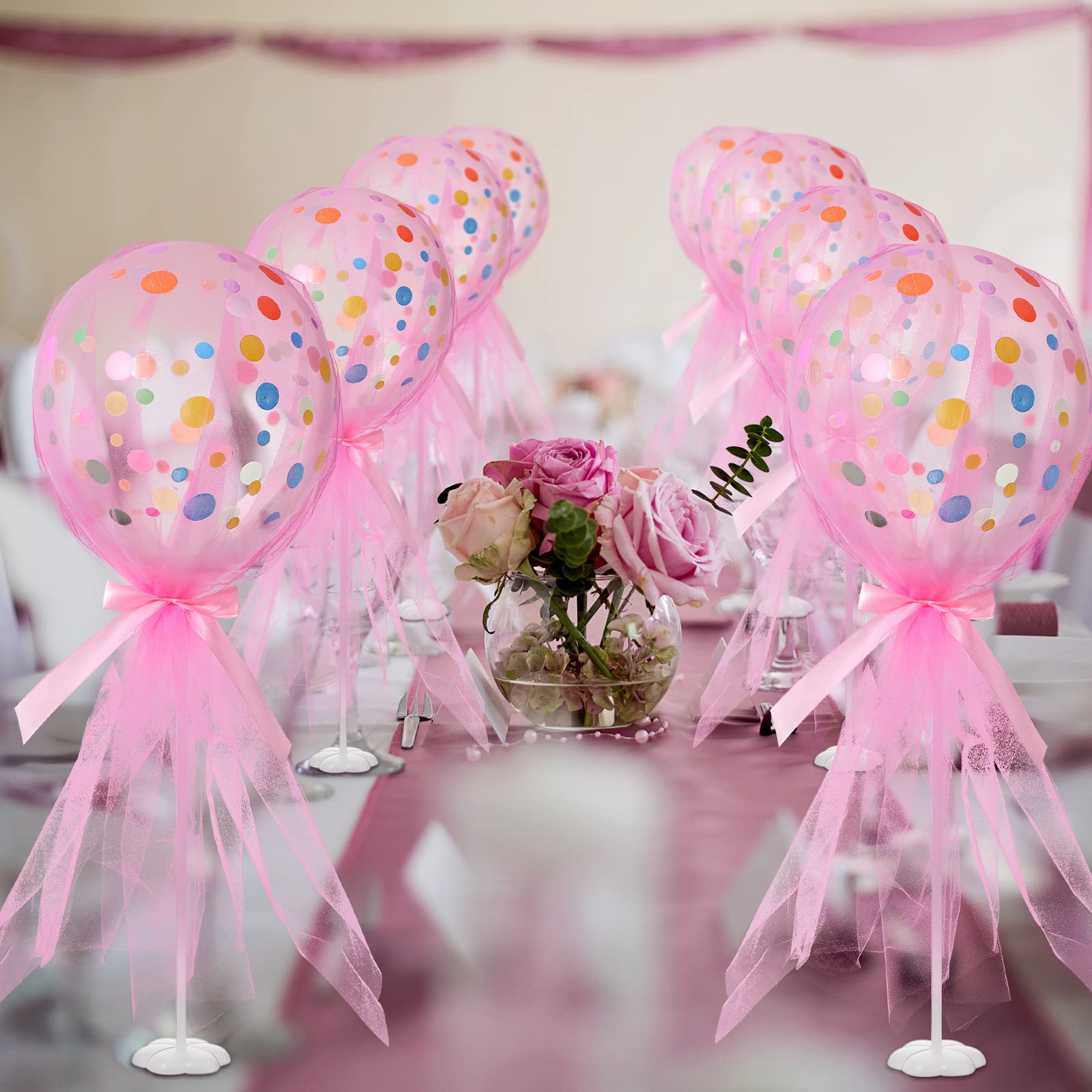 Wettarn 12 Set Tutu Tulle Balloons Centerpieces – Pink Polka Dot Baby Shower Kit