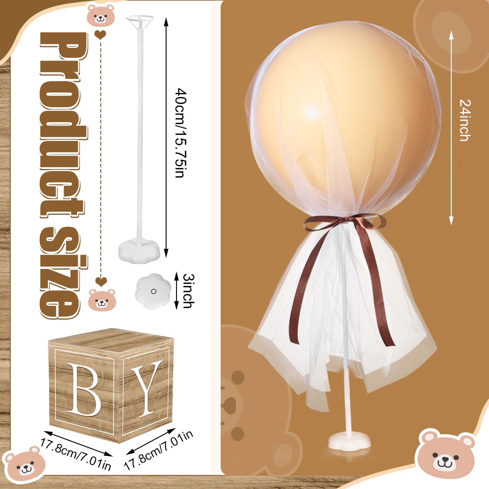 Wettarn 6-Set Brown Bear Tulle Centerpieces – 24" Balloons, White Tulle, Stands & Boxes