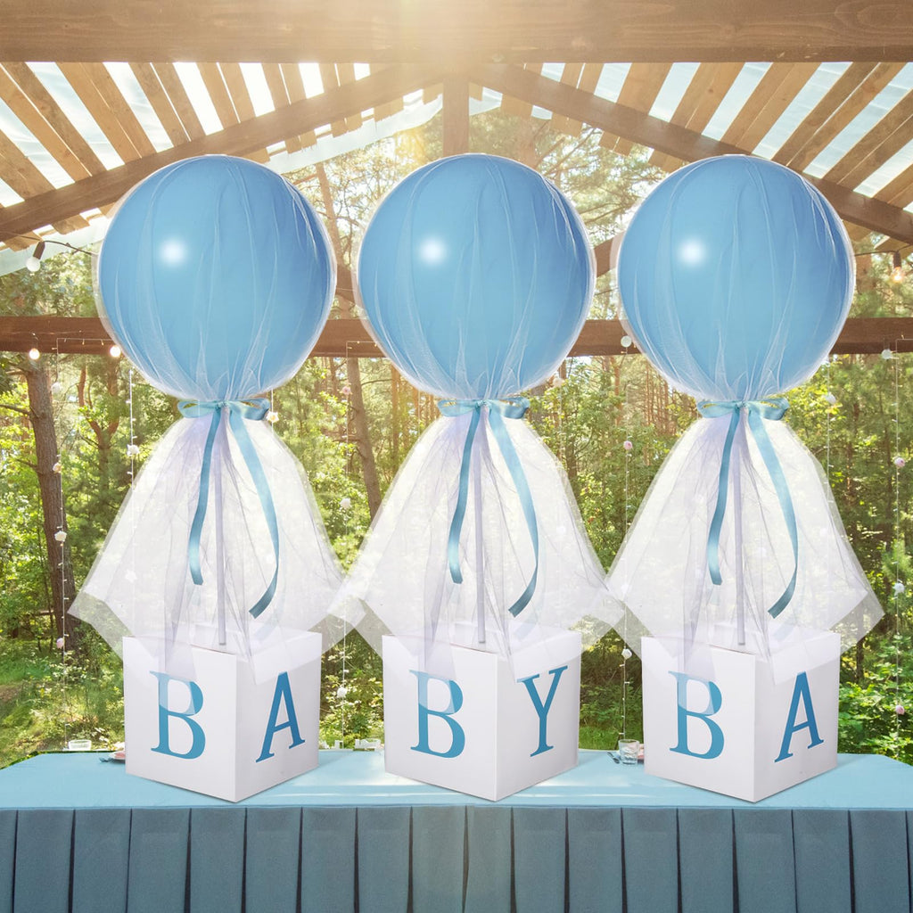 Wettarn 4-Piece Blue Boy Baby Shower Centerpieces – 24-Inch Tulle Balloons with Letter Boxes & Stands