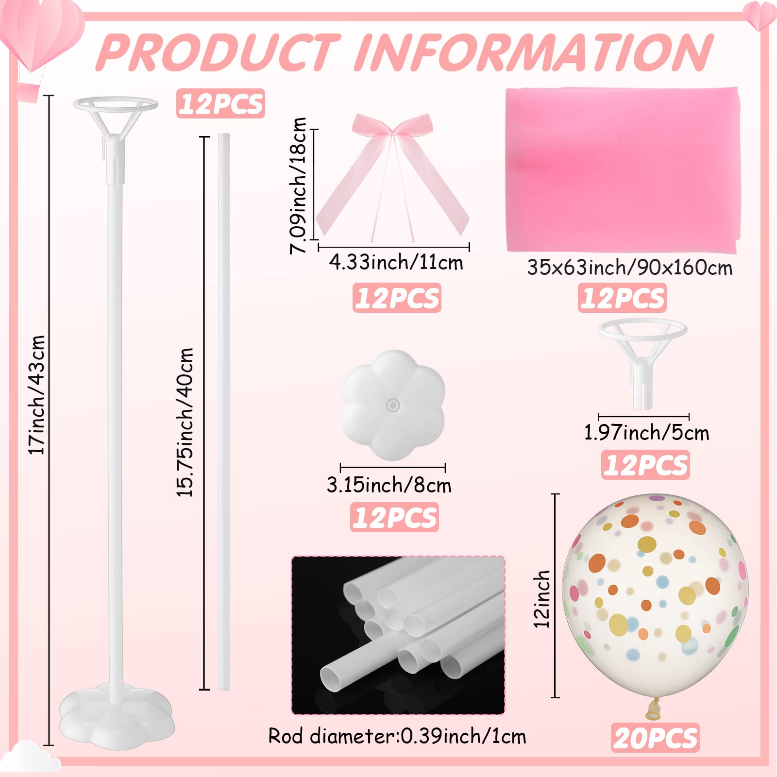 Wettarn 12 Set Tutu Tulle Balloons Centerpieces – Pink Polka Dot Baby Shower Kit