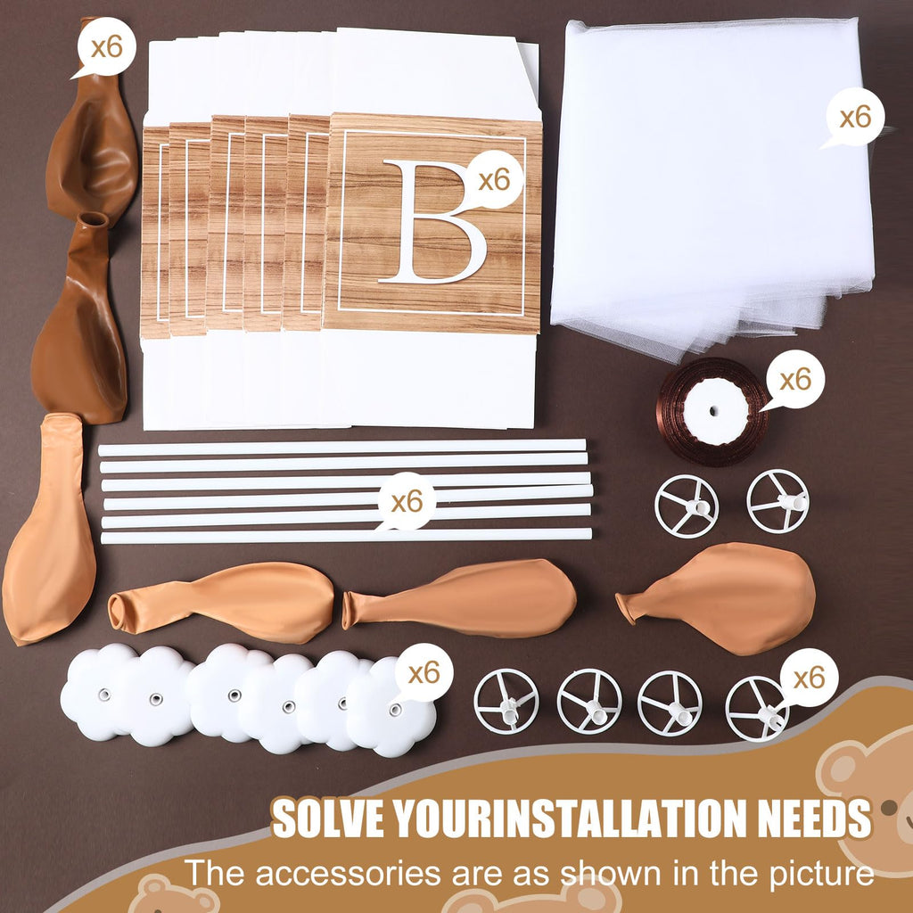 Wettarn 6-Set Brown Bear Tulle Centerpieces – 24" Balloons, White Tulle, Stands & Boxes