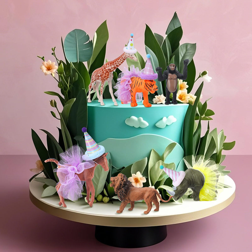 Weysat Jungle Animal Cake Topper Set – 27 Pcs with Mini Hats, Pom Poms & Skirts for Dino-Themed Parties
