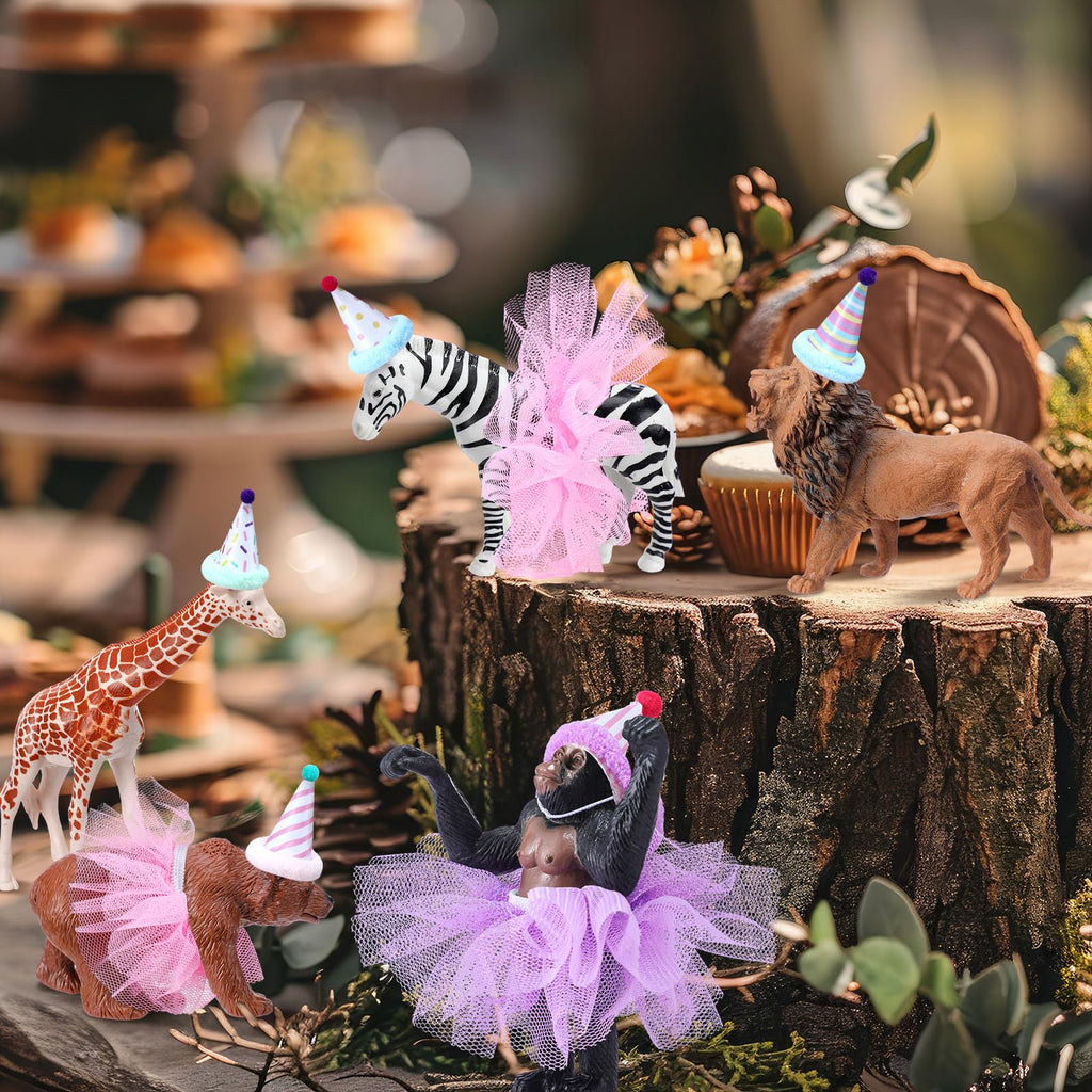 Weysat Jungle Animal Cake Topper Set – 27 Pcs with Mini Hats, Pom Poms & Skirts for Dino-Themed Parties