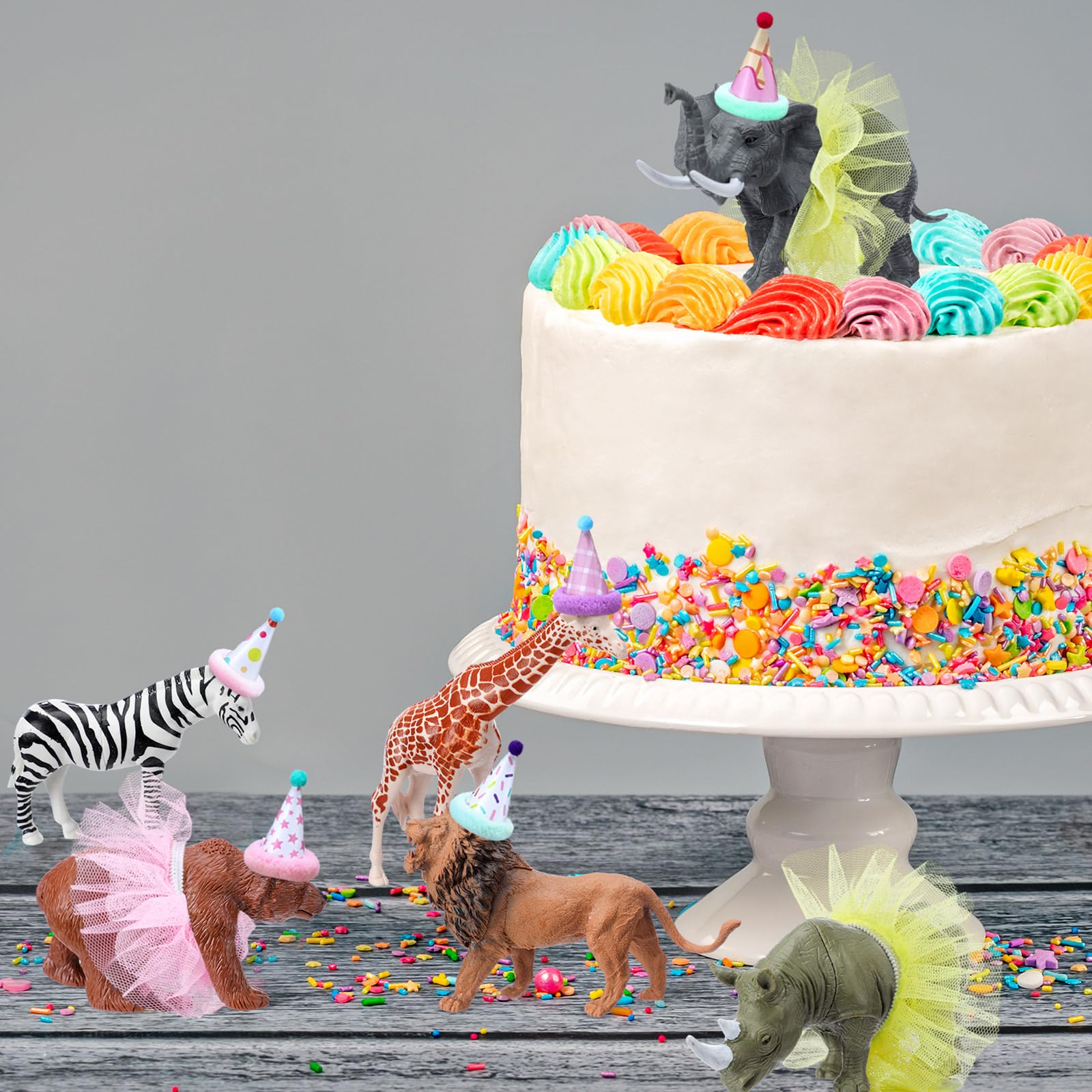Weysat Jungle Animal Cake Topper Set – 27 Pcs with Mini Hats, Pom Poms & Skirts for Dino-Themed Parties