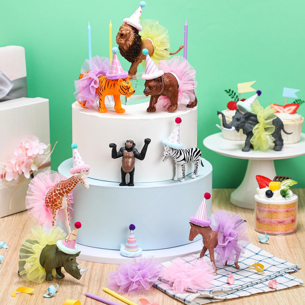 Weysat Jungle Animal Cake Topper Set – 27 Pcs with Mini Hats, Pom Poms & Skirts for Dino-Themed Parties
