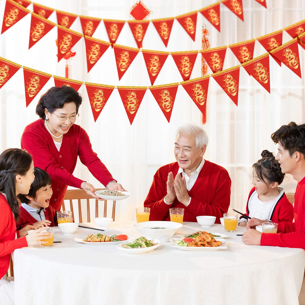 Whaline 2026 Chinese New Year Dragon Pennant Banner – 20pc Red & Gold Triangle Bunting for Lunar New Year Decor