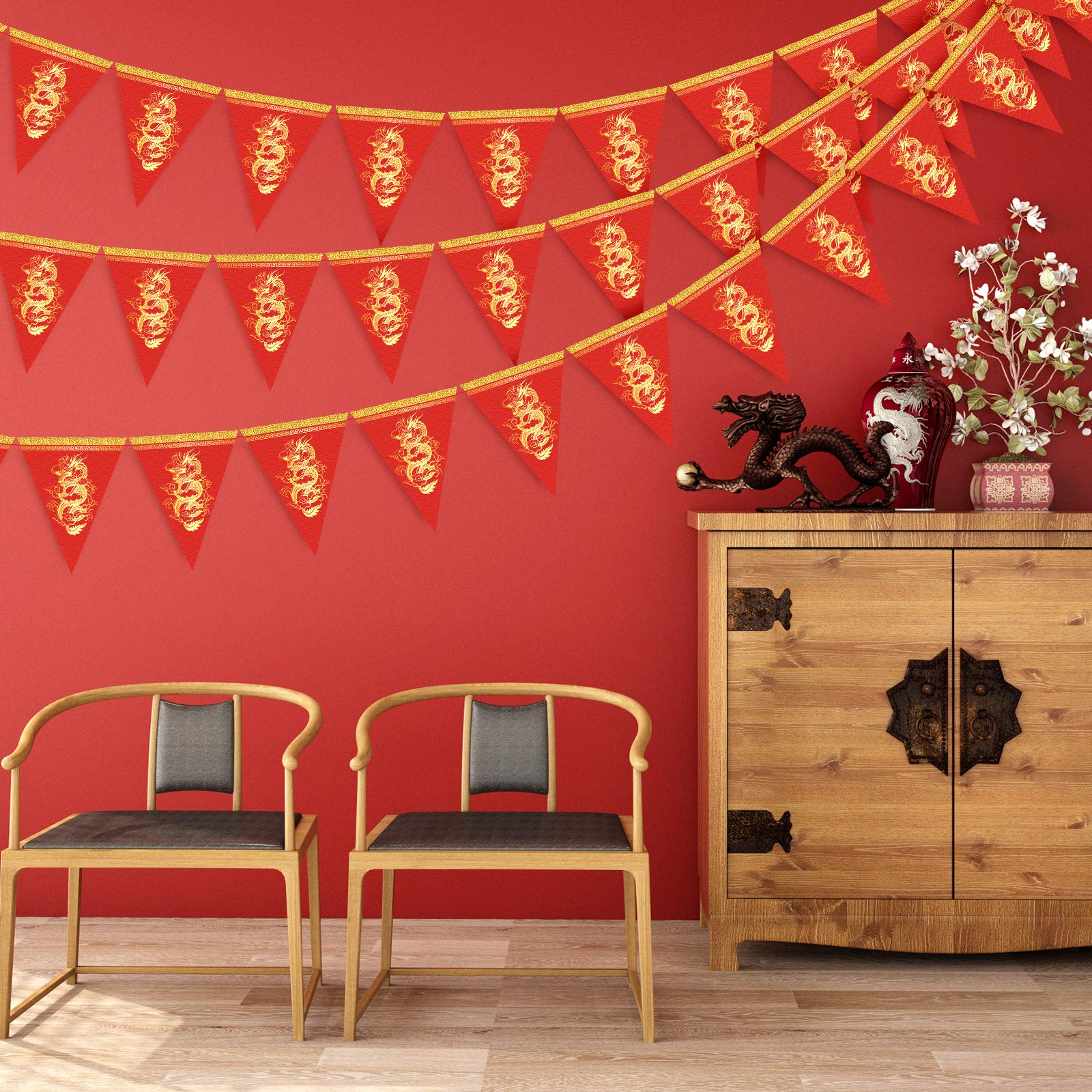 Whaline 2026 Chinese New Year Dragon Pennant Banner – 20pc Red & Gold Triangle Bunting for Lunar New Year Decor