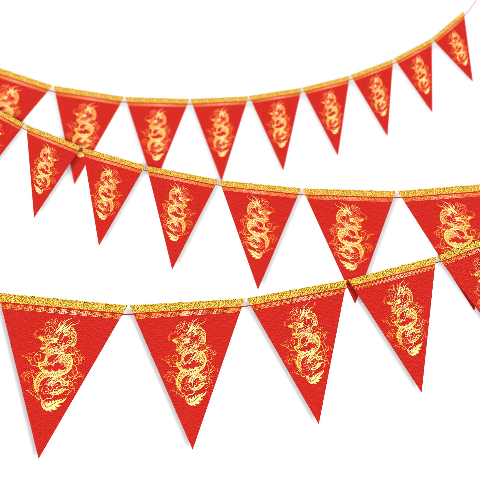 Whaline 2026 Chinese New Year Dragon Pennant Banner – 20pc Red & Gold Triangle Bunting for Lunar New Year Decor