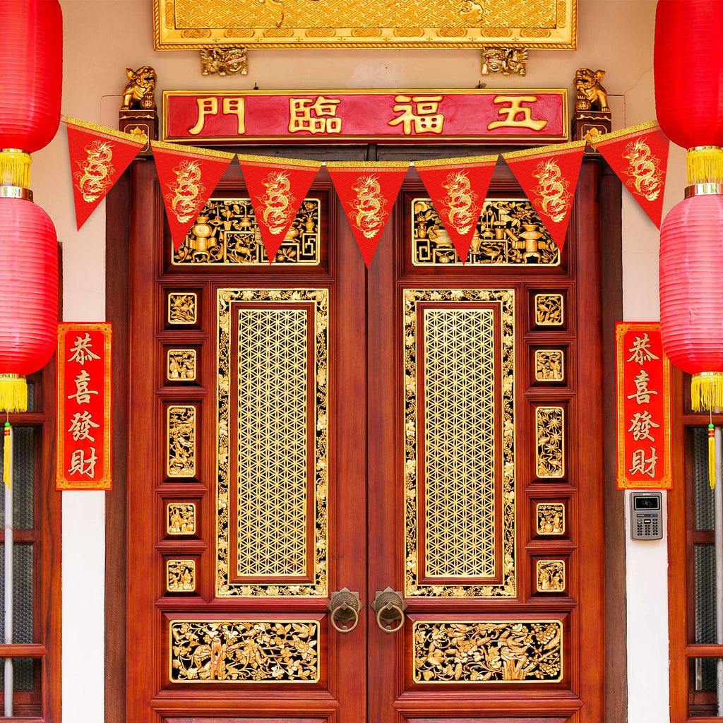 Whaline 2026 Chinese New Year Dragon Pennant Banner – 20pc Red & Gold Triangle Bunting for Lunar New Year Decor