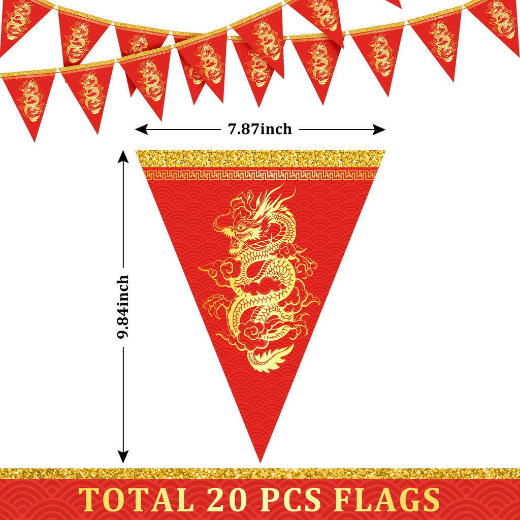 Whaline 2026 Chinese New Year Dragon Pennant Banner – 20pc Red & Gold Triangle Bunting for Lunar New Year Decor