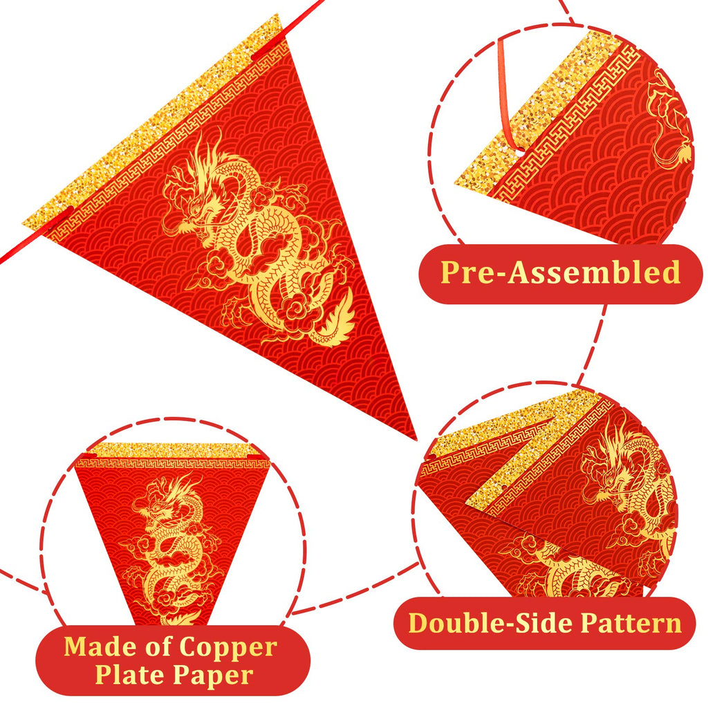 Whaline 2026 Chinese New Year Dragon Pennant Banner – 20pc Red & Gold Triangle Bunting for Lunar New Year Decor
