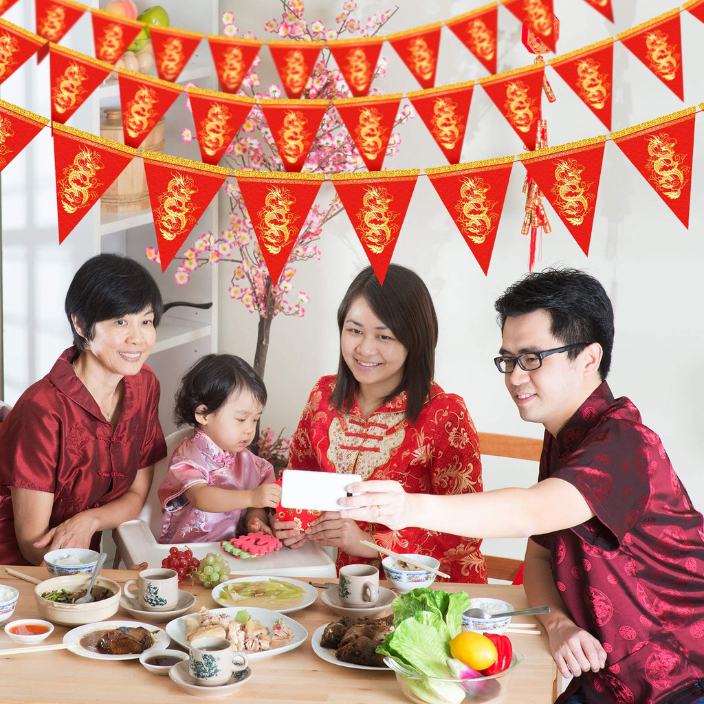 Whaline 2026 Chinese New Year Dragon Pennant Banner – 20pc Red & Gold Triangle Bunting for Lunar New Year Decor