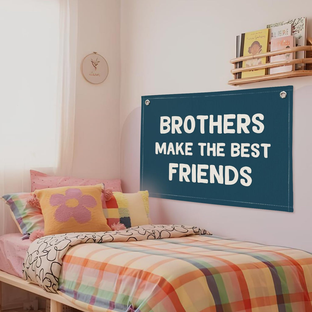 Wheatwin Best Friends Banner – Navy Linen Wall Decor for Boys’ Room, 20x30
