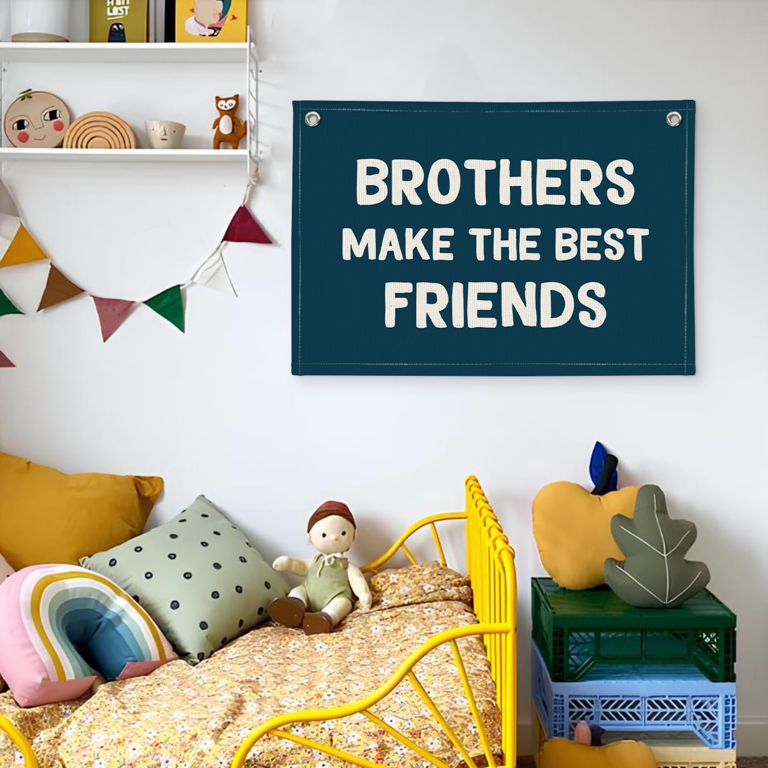 Wheatwin Best Friends Banner – Navy Linen Wall Decor for Boys’ Room, 20x30