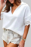 White Crinkled Lace Blouse Shirt Collar Short Sleeve Cotton
