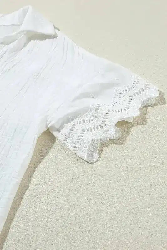 White Crinkled Lace Blouse Shirt Collar Short Sleeve Cotton