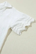 White Crinkled Lace Blouse Shirt Collar Short Sleeve Cotton