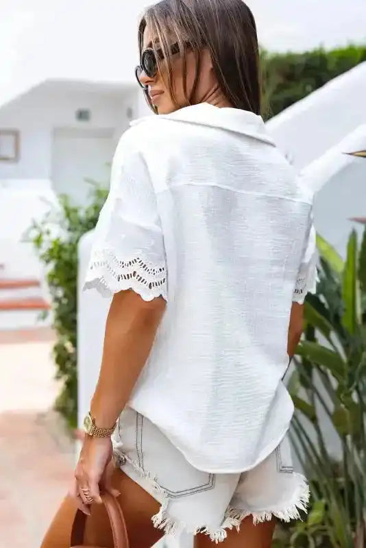 White Crinkled Lace Blouse Shirt Collar Short Sleeve Cotton