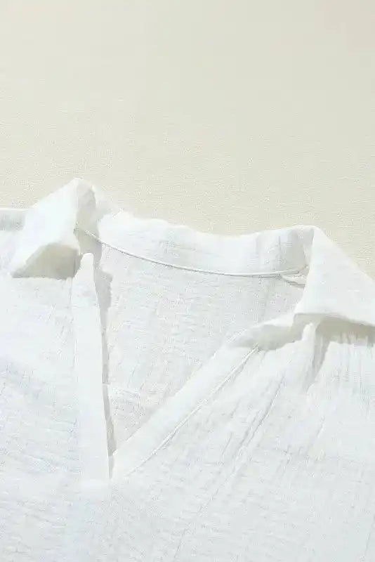 White Crinkled Lace Blouse Shirt Collar Short Sleeve Cotton