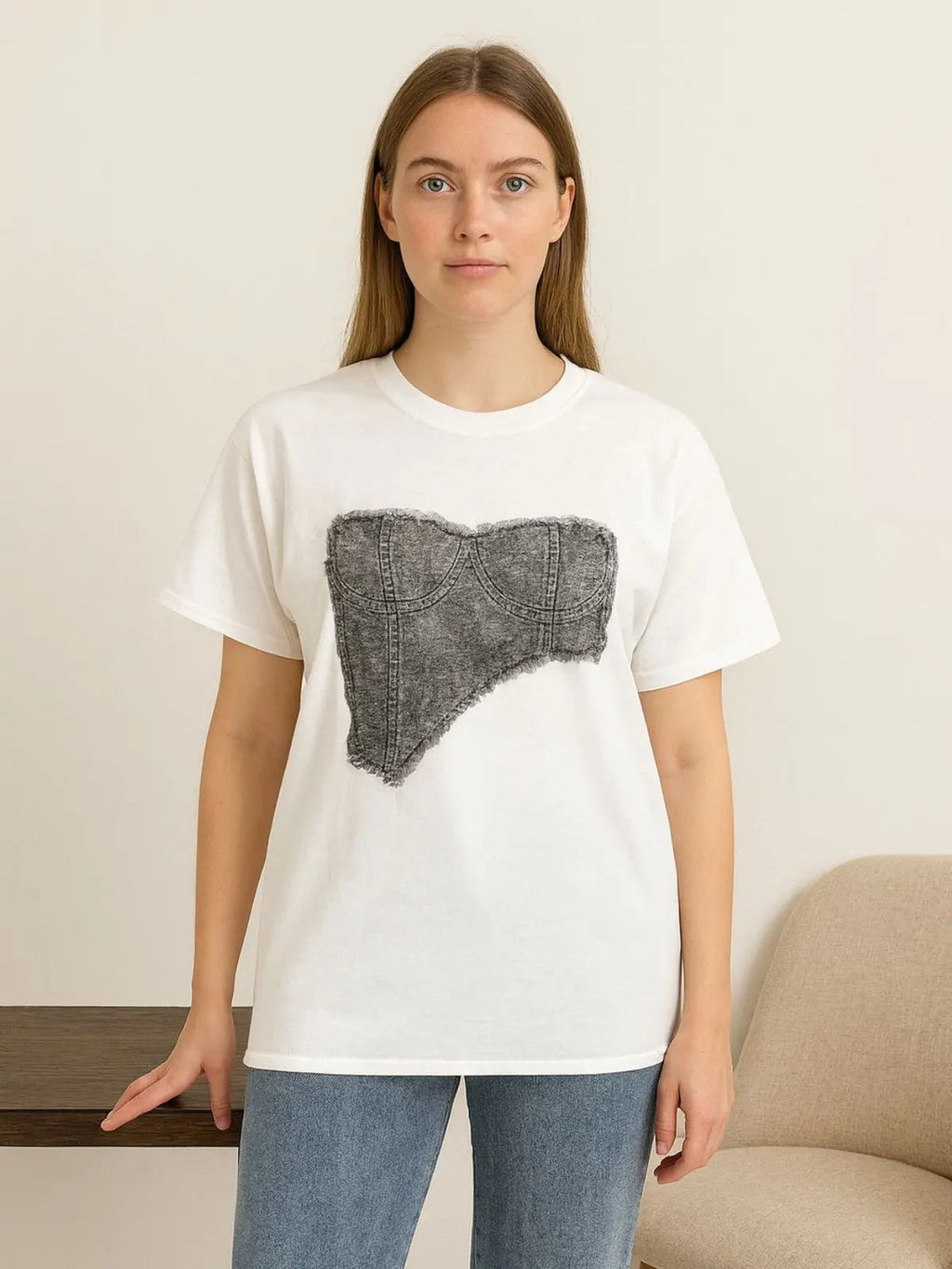 Denim Bra Patch T-Shirt Top