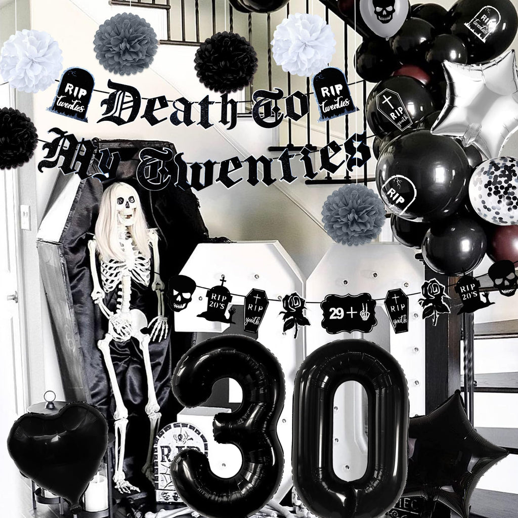 WHYMEO 30th Birthday Decorations Pack – Death to My 20s Party Kit with Banner, Sash, Balloons & Toppers