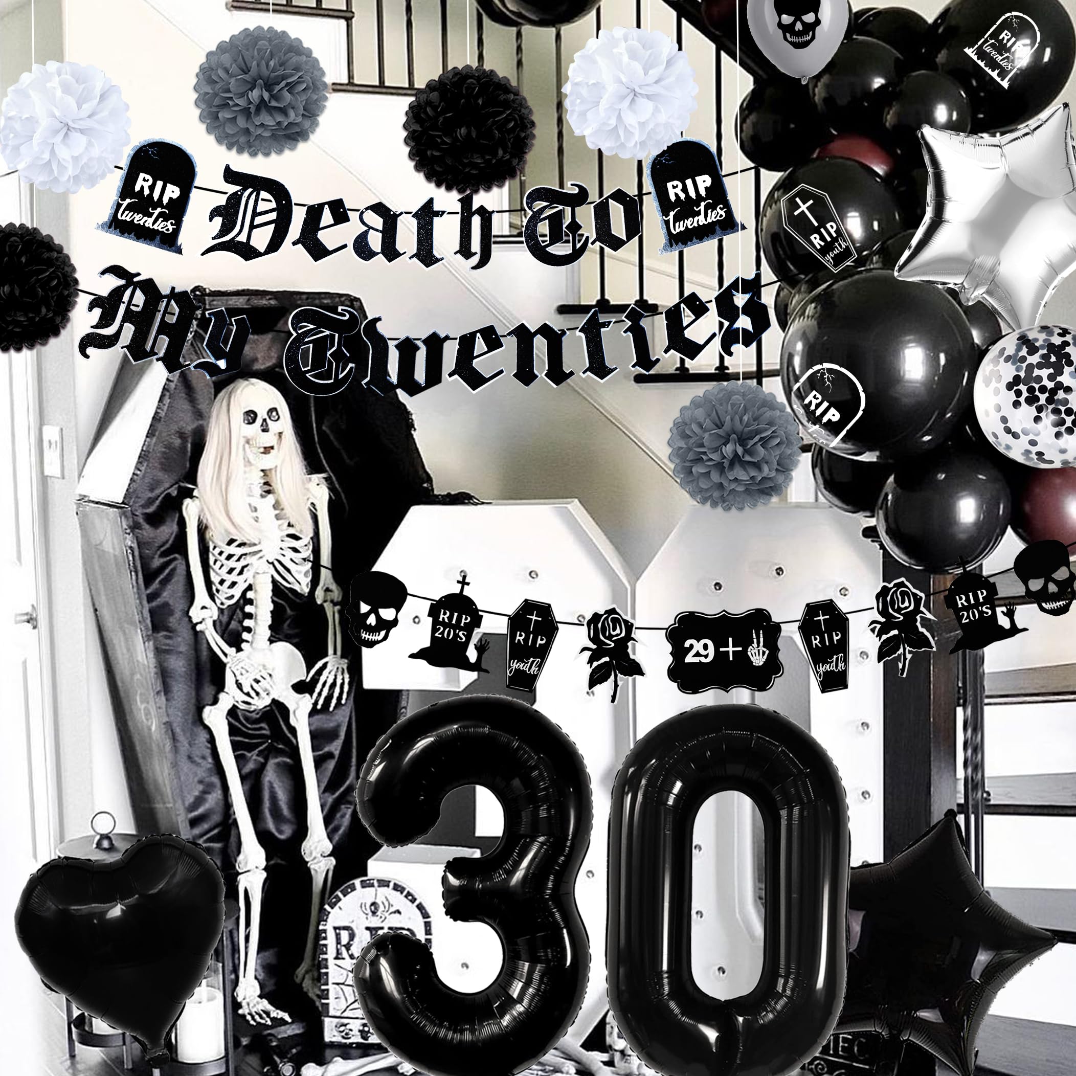 WHYMEO 30th Birthday Decorations Pack – Death to My 20s Party Kit with Banner, Sash, Balloons & Toppers