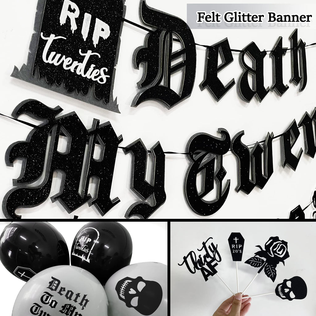 WHYMEO 30th Birthday Decorations Pack – Death to My 20s Party Kit with Banner, Sash, Balloons & Toppers
