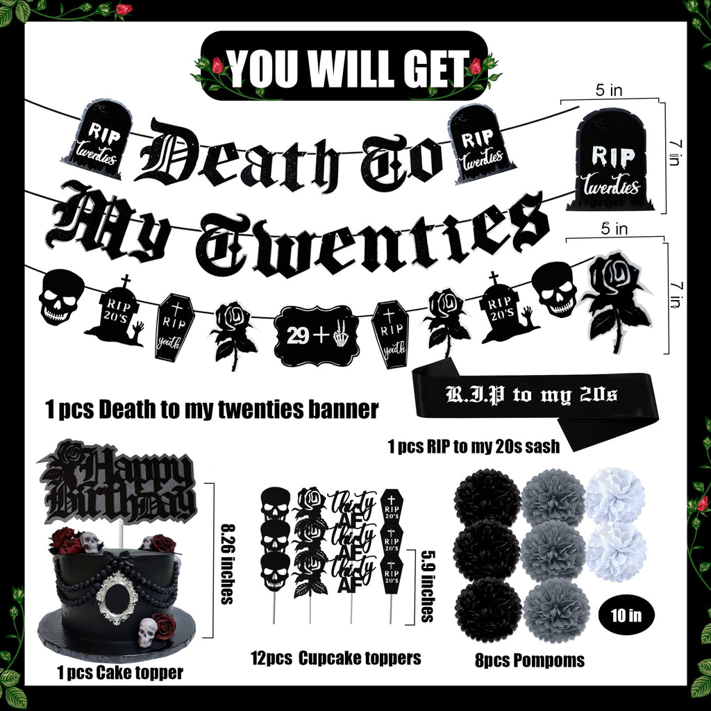 WHYMEO 30th Birthday Decorations Pack – Death to My 20s Party Kit with Banner, Sash, Balloons & Toppers