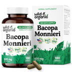 Wild & Organic Bacopa Monnieri 600 mg Capsules | Brain Support - Vegan, Non-GMO - 180 Count