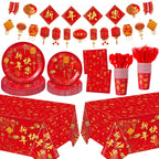 Willinglong 171 Pcs Chinese New Year Party Supplies Kit Serves 24 – Banner, Plates, Cups, Napkins, Tablecloths & Cutlery
