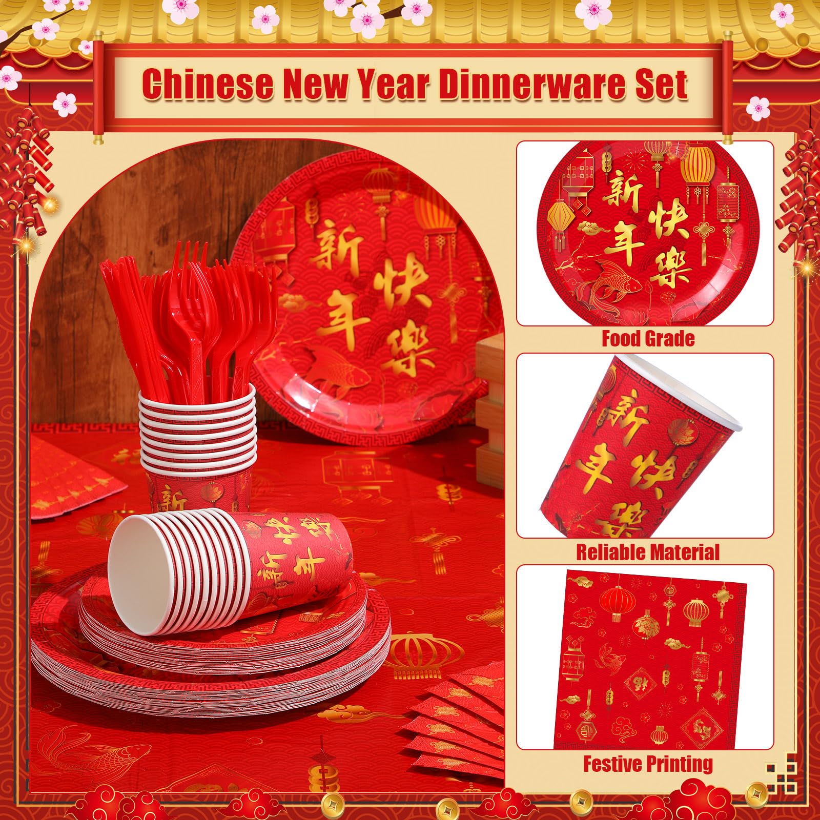 Willinglong 171 Pcs Chinese New Year Party Supplies Kit Serves 24 – Banner, Plates, Cups, Napkins, Tablecloths & Cutlery