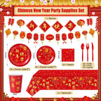 Willinglong 171 Pcs Chinese New Year Party Supplies Kit Serves 24 – Banner, Plates, Cups, Napkins, Tablecloths & Cutlery