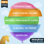 WinkyBoom Pastel Balloons - 12in, 101-Piece Set for Unicorn Birthday & Rainbow Parties