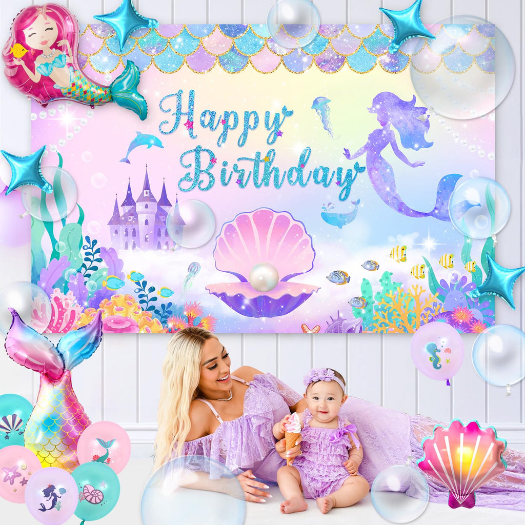 Winrayk Little Mermaid Birthday Decorations – Pink & Purple Balloon Arch Kit, Backdrop, Mermaid Tail Balloons