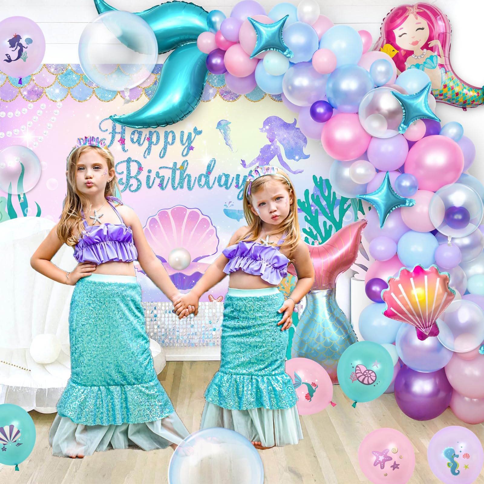 Winrayk Little Mermaid Birthday Decorations – Pink & Purple Balloon Arch Kit, Backdrop, Mermaid Tail Balloons