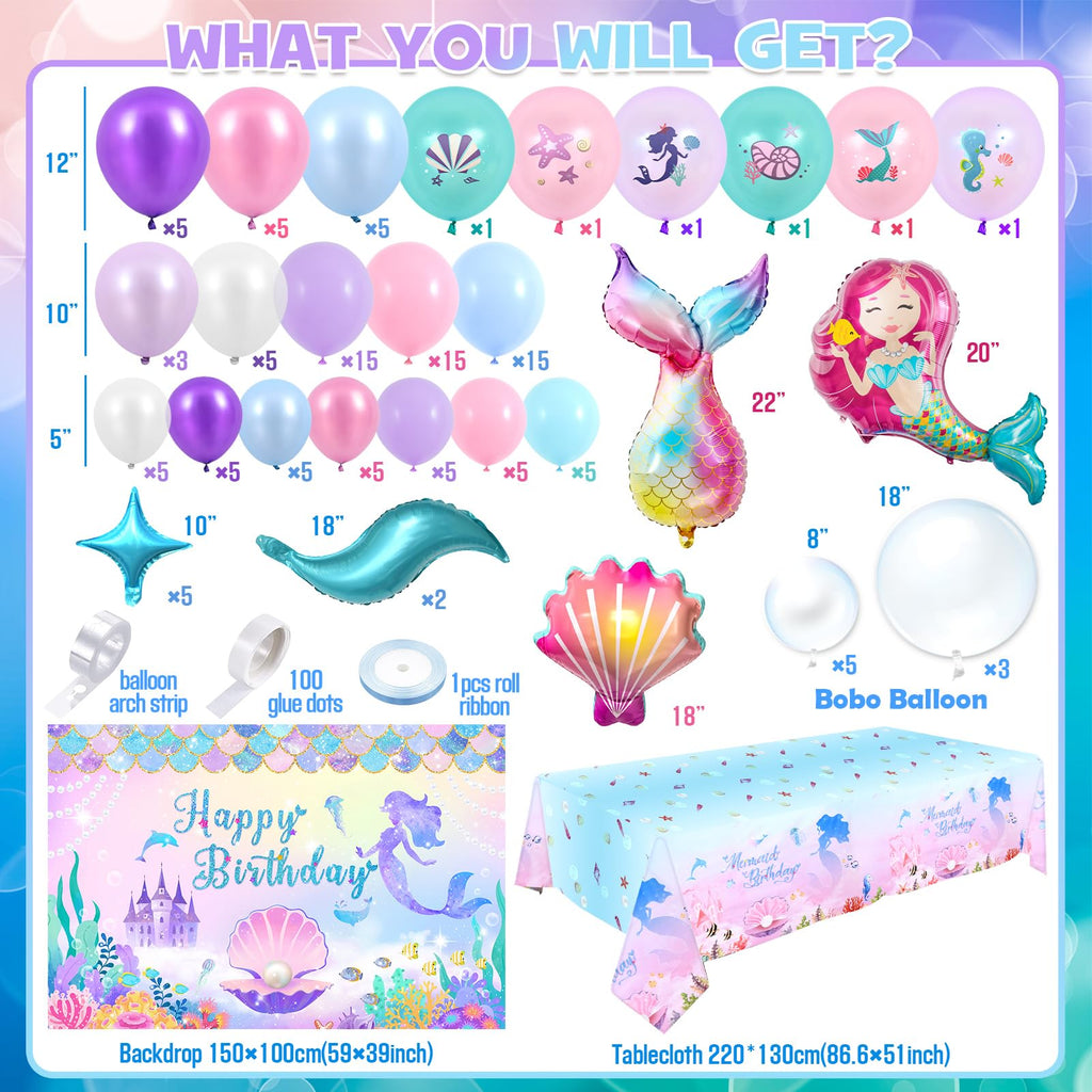 Winrayk Little Mermaid Birthday Decorations – Pink & Purple Balloon Arch Kit, Backdrop, Mermaid Tail Balloons