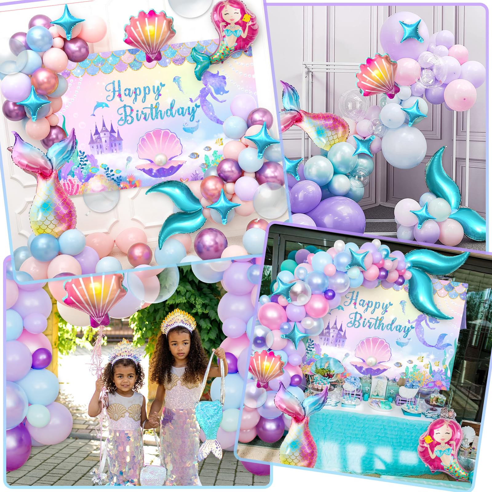 Winrayk Little Mermaid Birthday Decorations – Pink & Purple Balloon Arch Kit, Backdrop, Mermaid Tail Balloons