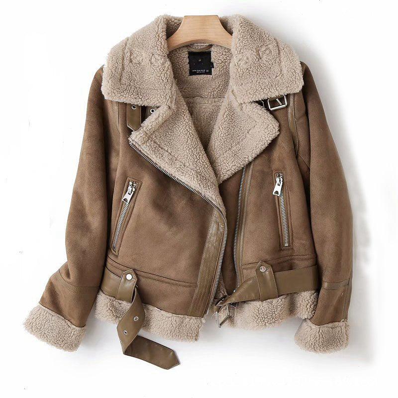 Women's Faux Suede Winter Jacket – Lamb Wool-Lined Warm Coat