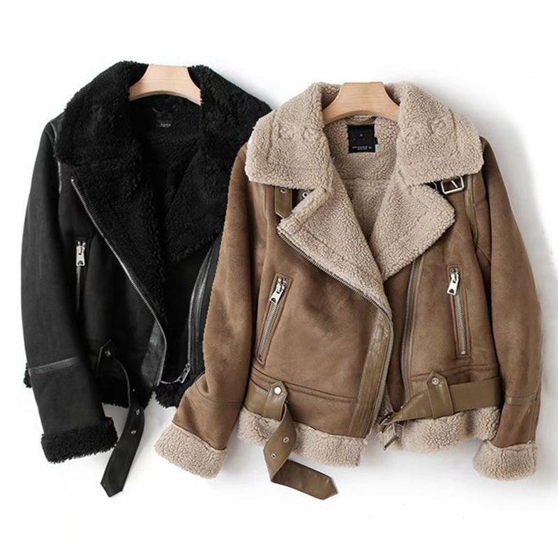 Women's Faux Suede Winter Jacket – Lamb Wool-Lined Warm Coat