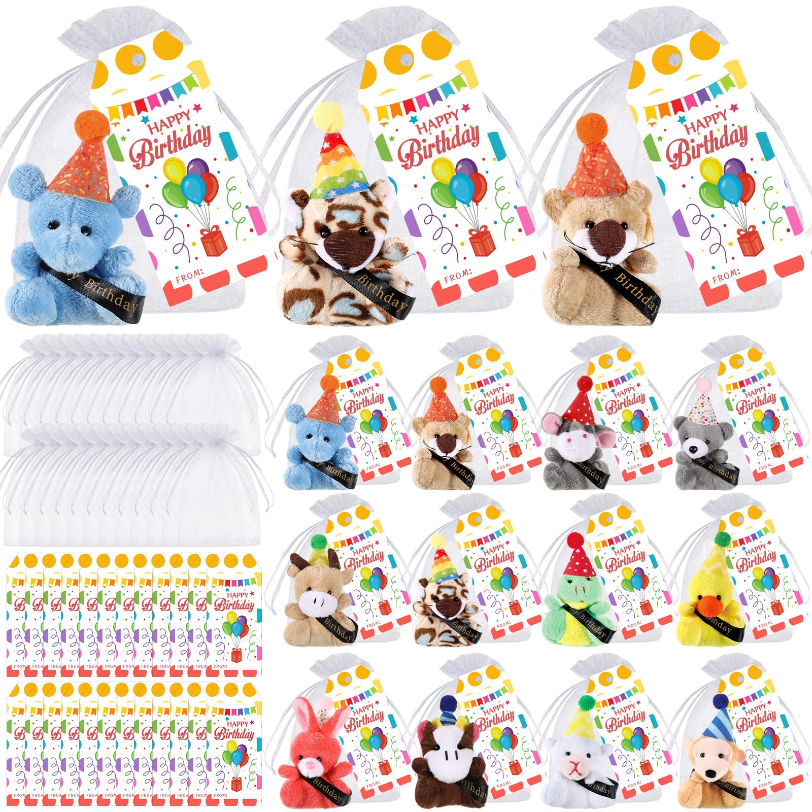 Wiwiqing 24-Set Birthday Mini Stuffed Animals – Plush Party Favors & Gift Bags