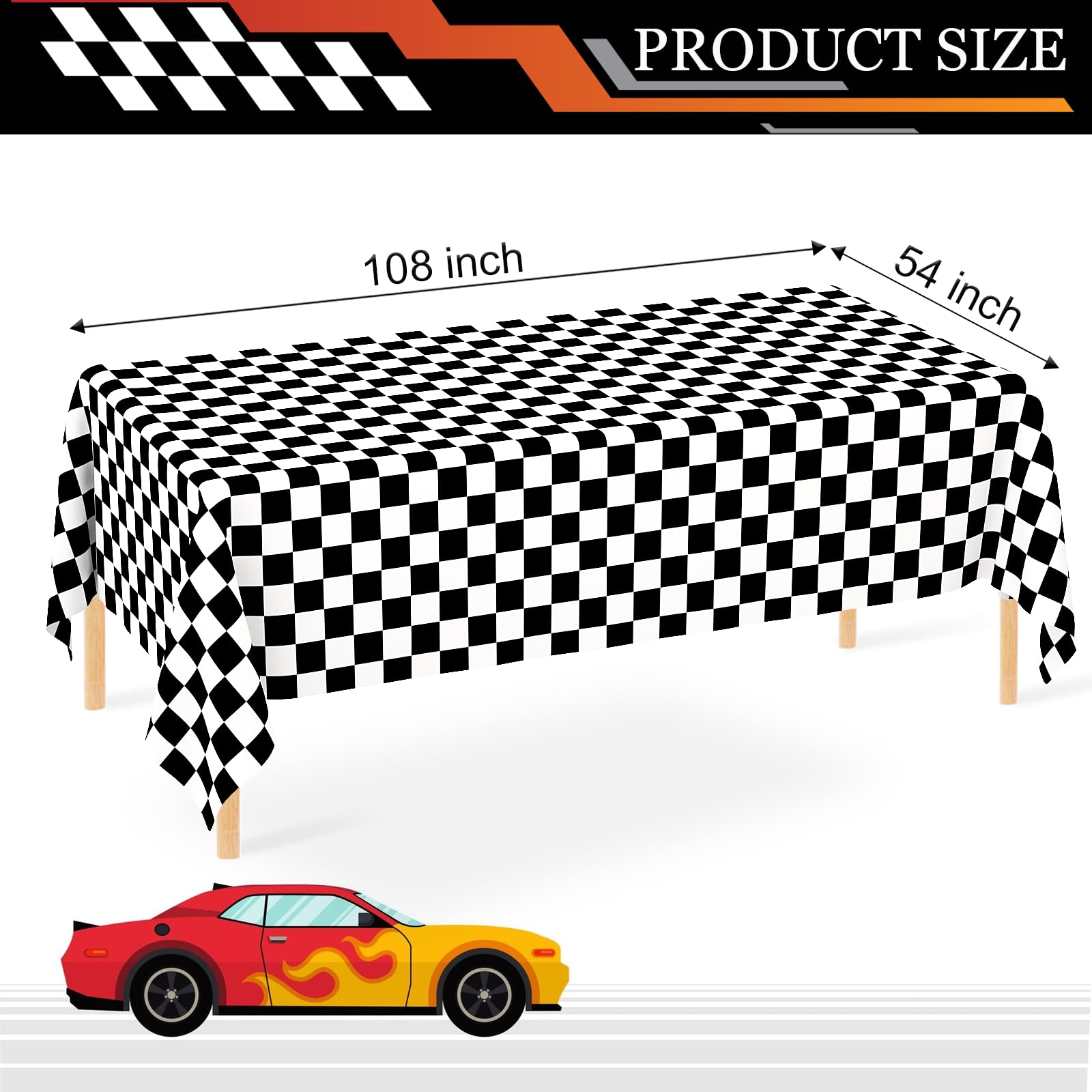 WNINK 2 Pack Black and White Checkered Tablecloth – Race Car Theme, 54x108 Inches, Disposable