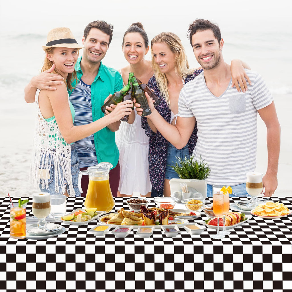 WNINK 2 Pack Black and White Checkered Tablecloth – Race Car Theme, 54x108 Inches, Disposable