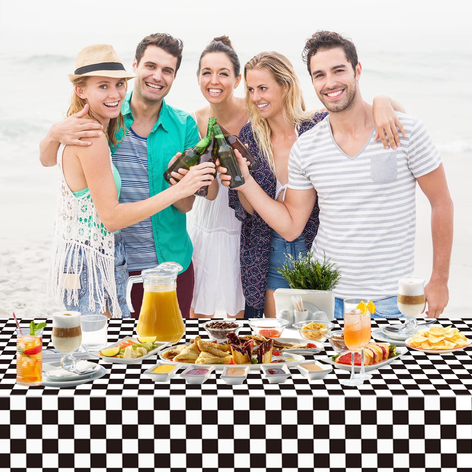 WNINK 2 Pack Black and White Checkered Tablecloth – Race Car Theme, 54x108 Inches, Disposable