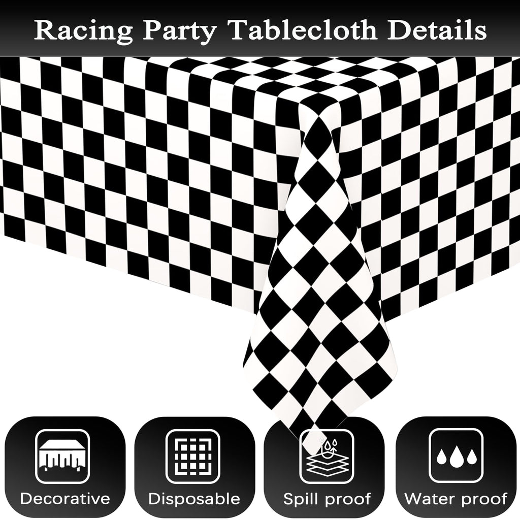 WNINK 2 Pack Black and White Checkered Tablecloth – Race Car Theme, 54x108 Inches, Disposable