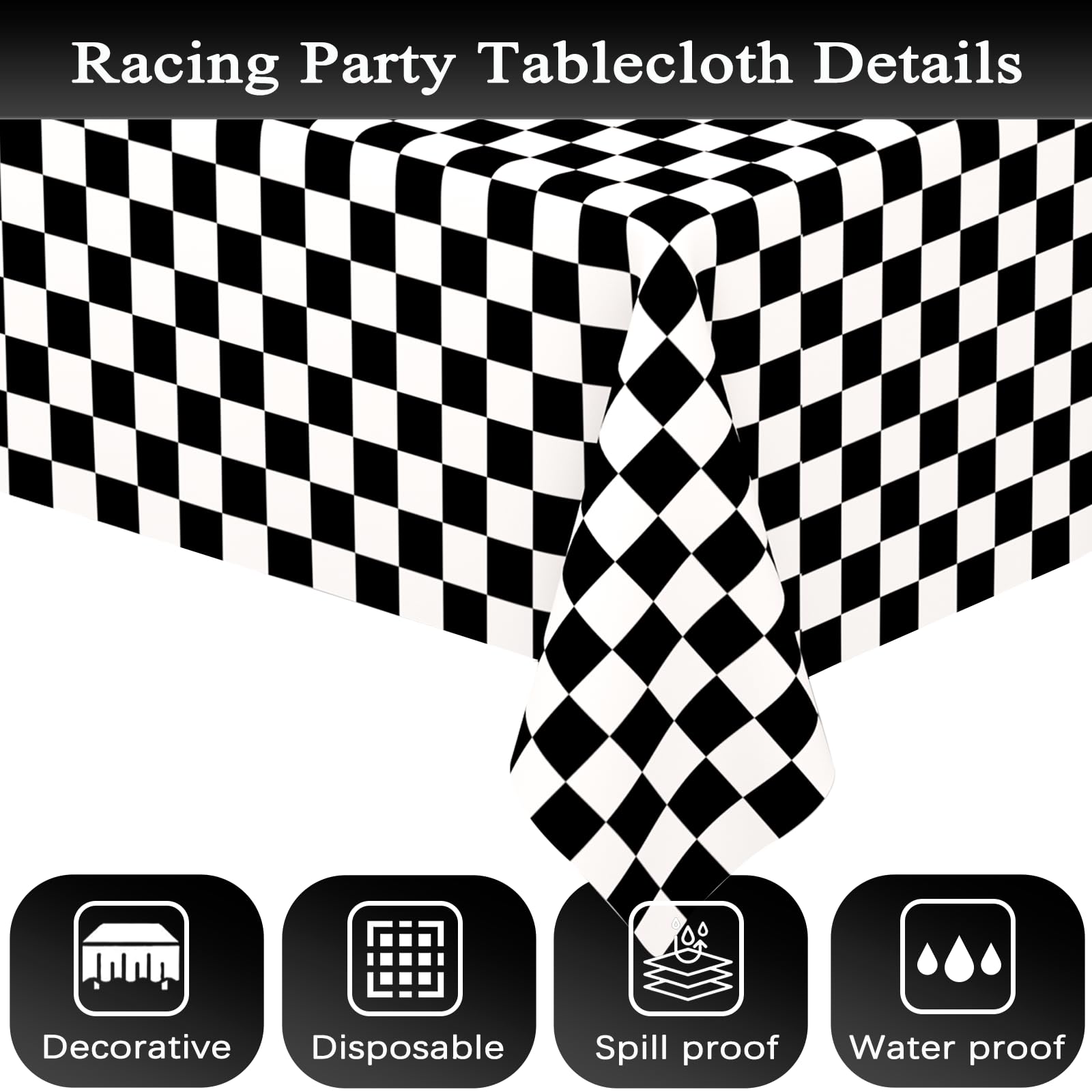 WNINK 2 Pack Black and White Checkered Tablecloth – Race Car Theme, 54x108 Inches, Disposable