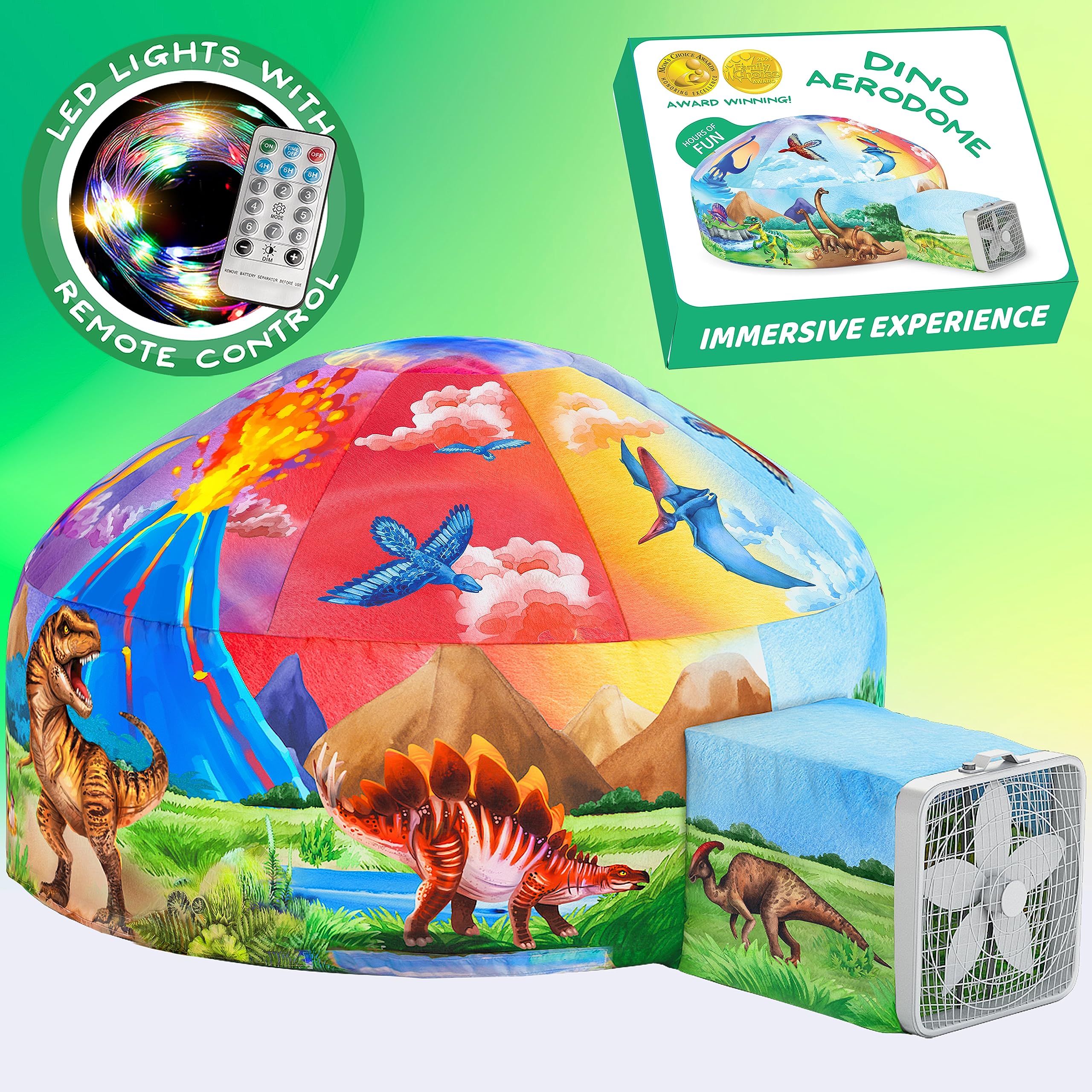 W&O Dino Aerodome with LED Lights – Inflatable Jurassic Fort for Kids 3–12