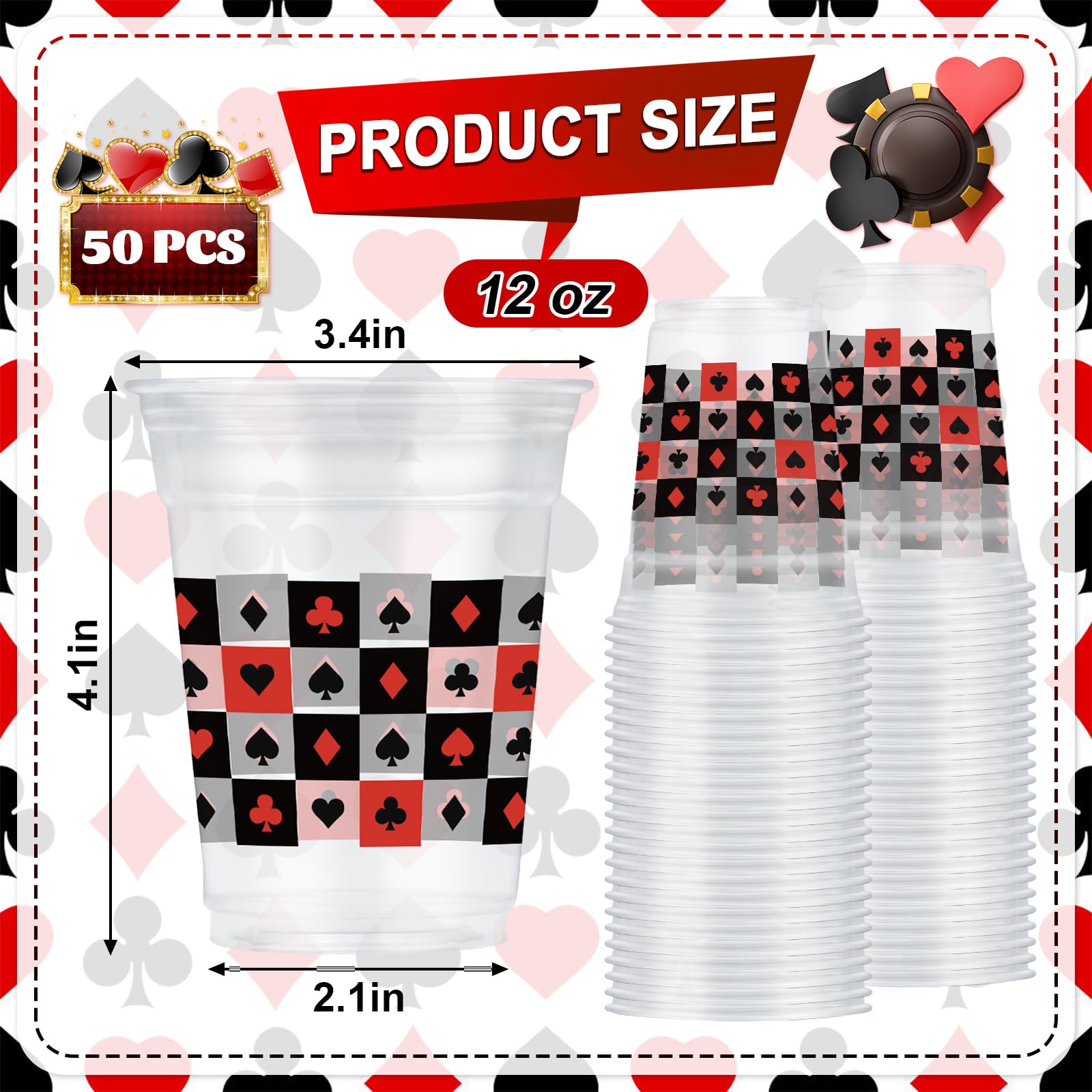 Wobeny 50-Pack 12 oz Casino Party Cups – Disposable Playing Card Design